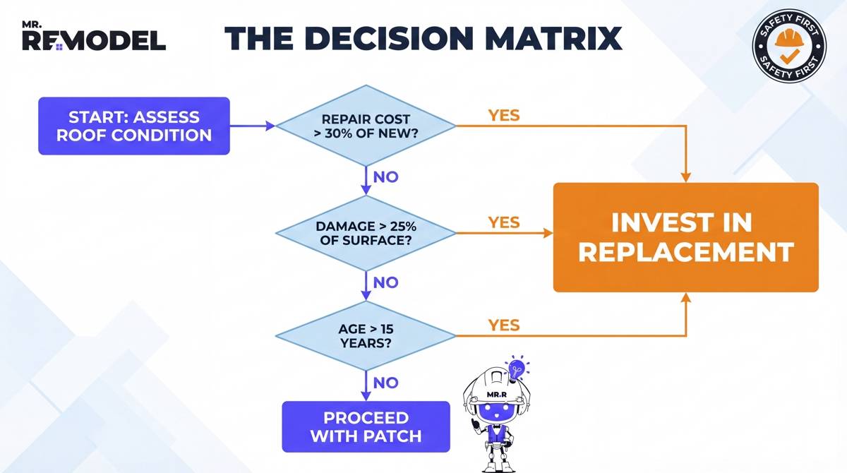 A logic gate infographic helping homeowners decide between a roof repair and replacement based on the 30% cost rule, 25% damage rule, and the 15-year age threshold.